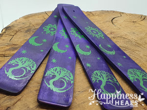 Incense Holder - Purple with Green Tree Of Life, Moon, Sun Wooden