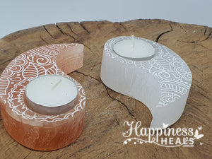 Selenite Engraved Tea Light Candle Holder - Yin Yang