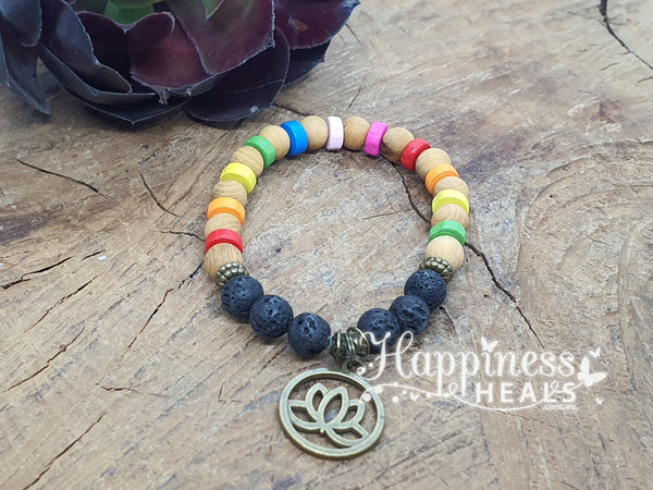 Lava Bracelet with Wood and a Lotus Flower Charm