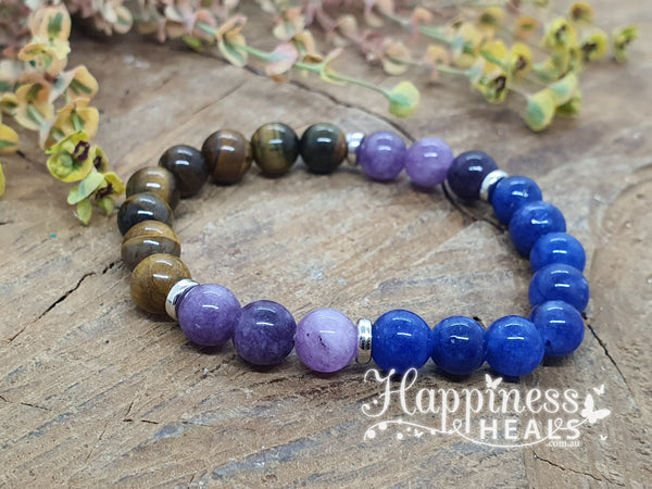 Tiger Eye, Amethyst & Blue Agate Bracelet – Strength, Intuition & Clarity