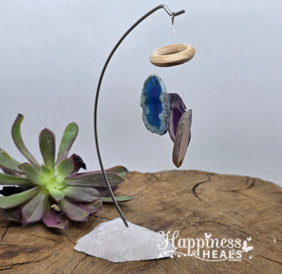 Agate Slice Mobile on Quartz Base – Flowing Harmony & Colourful Energy