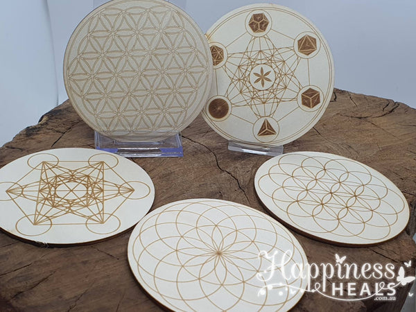 Grid Design Plate Crystal Grid Board - Design Plate - 100mm Round Wood - Happiness Heals
