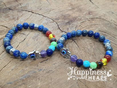 Lapislázuli Mano de Hamsa con Mal de Ojo - Brazalete de 6 mm
