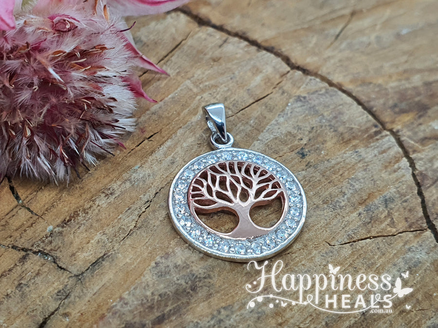 Tree of Life Pendant - Rose Gold & Sterling Silver - Cubic Zirconia in outer ring