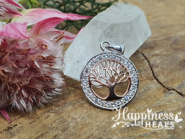 Tree of Life Pendant - Rose Gold & Sterling Silver - Cubic Zirconia in outer ring