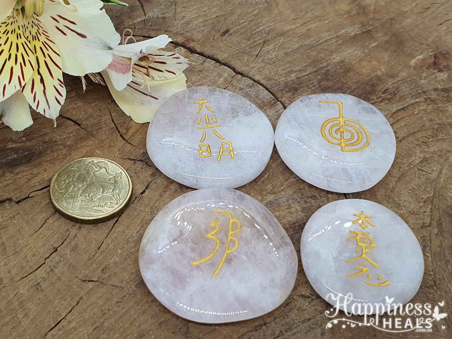 Rose Quartz Reiki Symbols Palm Stone Set
